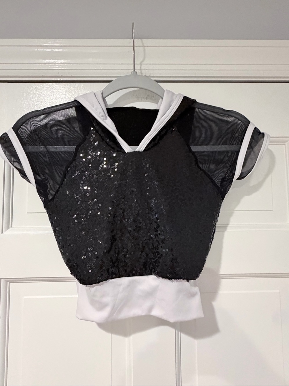 Black Sequin Mesh Hooded Dance Crop Top White Trim Child Small